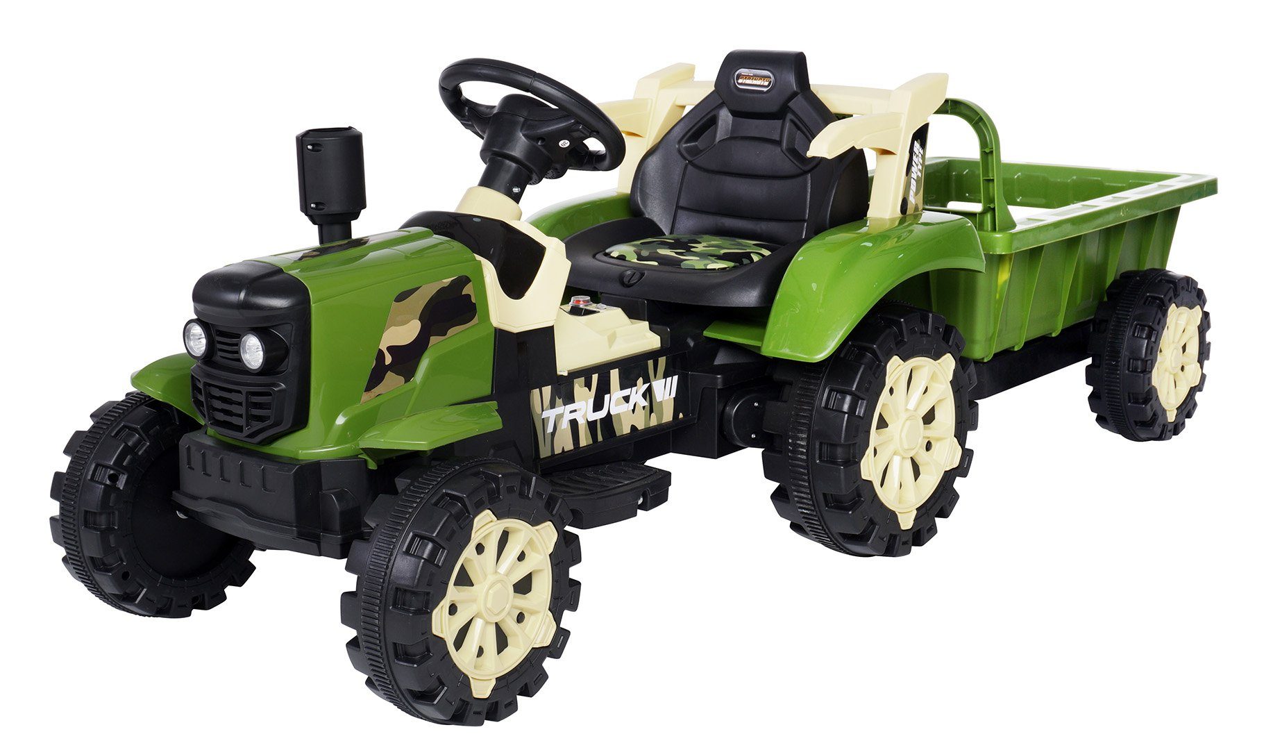 Trator elétrico infantil Actionbikes Motors com reboque, controle remoto incluso, capacidade de carga de 30 kg (2 partes), carga útil de 30 kg - freio automático - 2 motores de 6 V - a partir de 3 anos