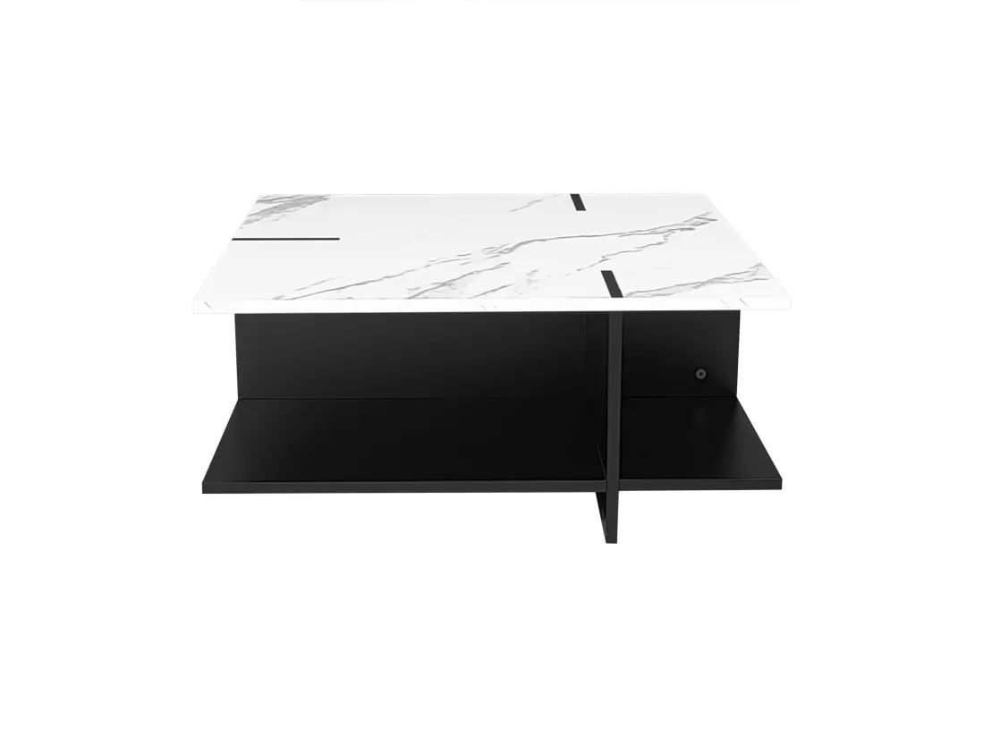 Table basse carrée, look en marbre en MDF, 72x72x31.5cm, Noir+Blanc