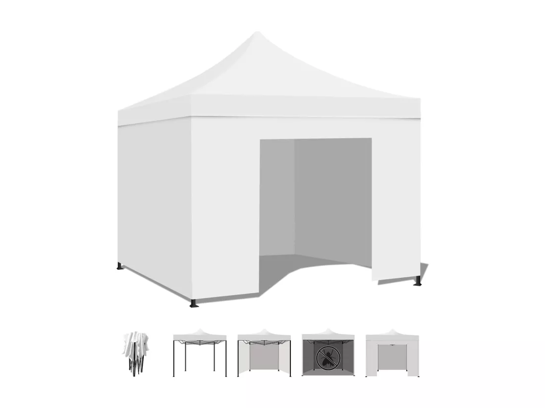 Gazebo de jardin 3x3 pliant avec toiles latérales et moustiquaire, blanc