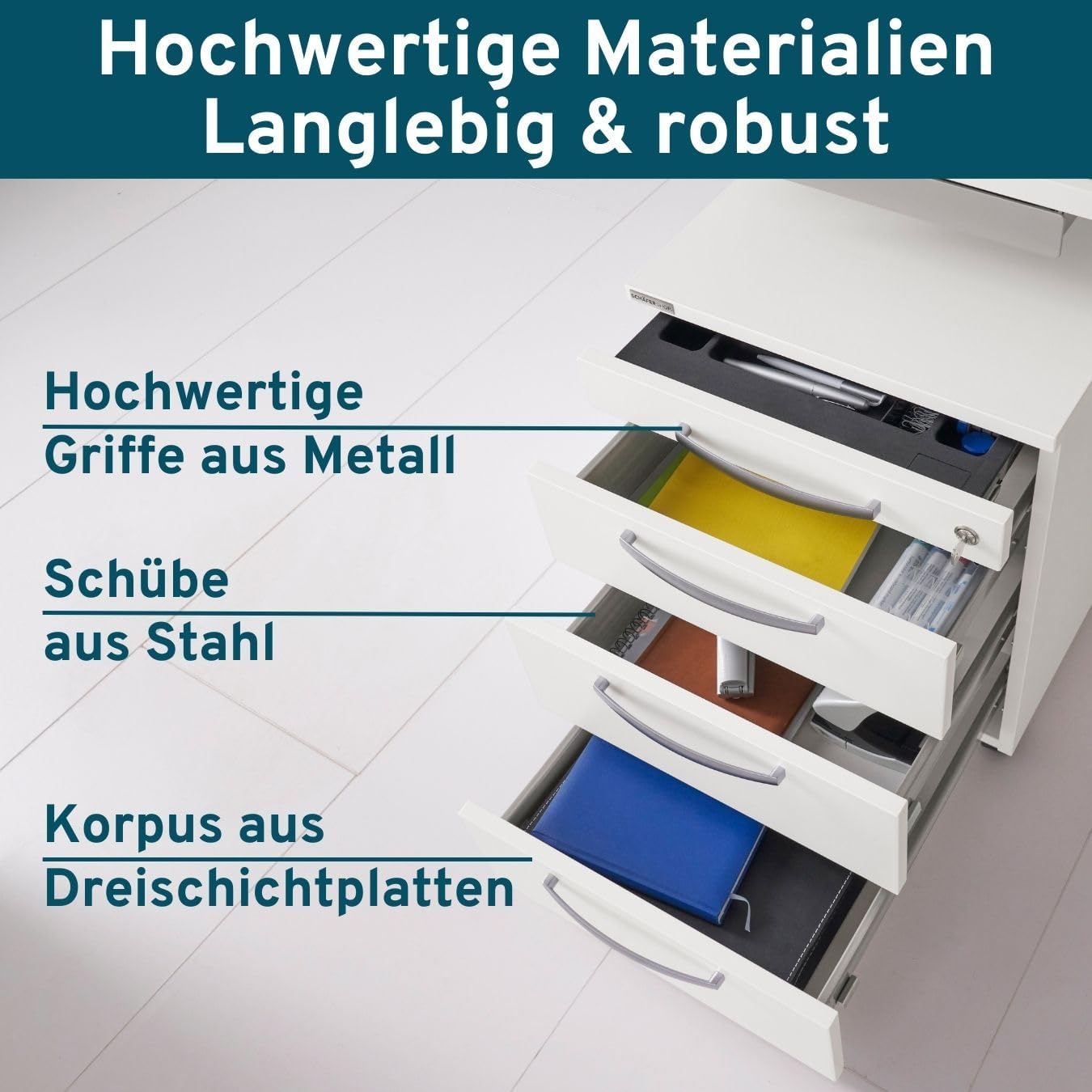 Rollcontainer mit Schubladen abschließbar, Büroschrank mit Rollen, Schreibtisch Schrank, Schubladenschrank 60 cm hoch, Rollcontainer weiß, Schubladenelement, Schreibtisch Container metall