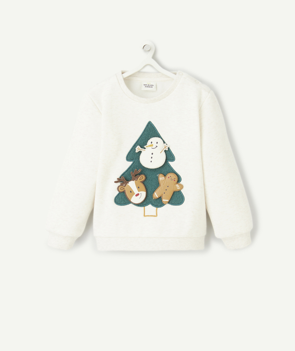 PULL DE NOËL BÉBÉ GARÇON EN FIBRES RECYCLÉES ÉCRU CHINÉ AVEC SAPIN EN SCRATCH