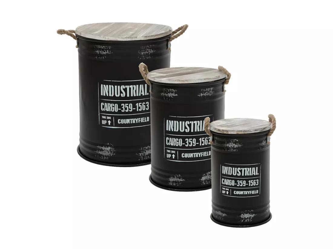 Lot de 3 Coffres Bidon en métal Noir Industrial rétro factory