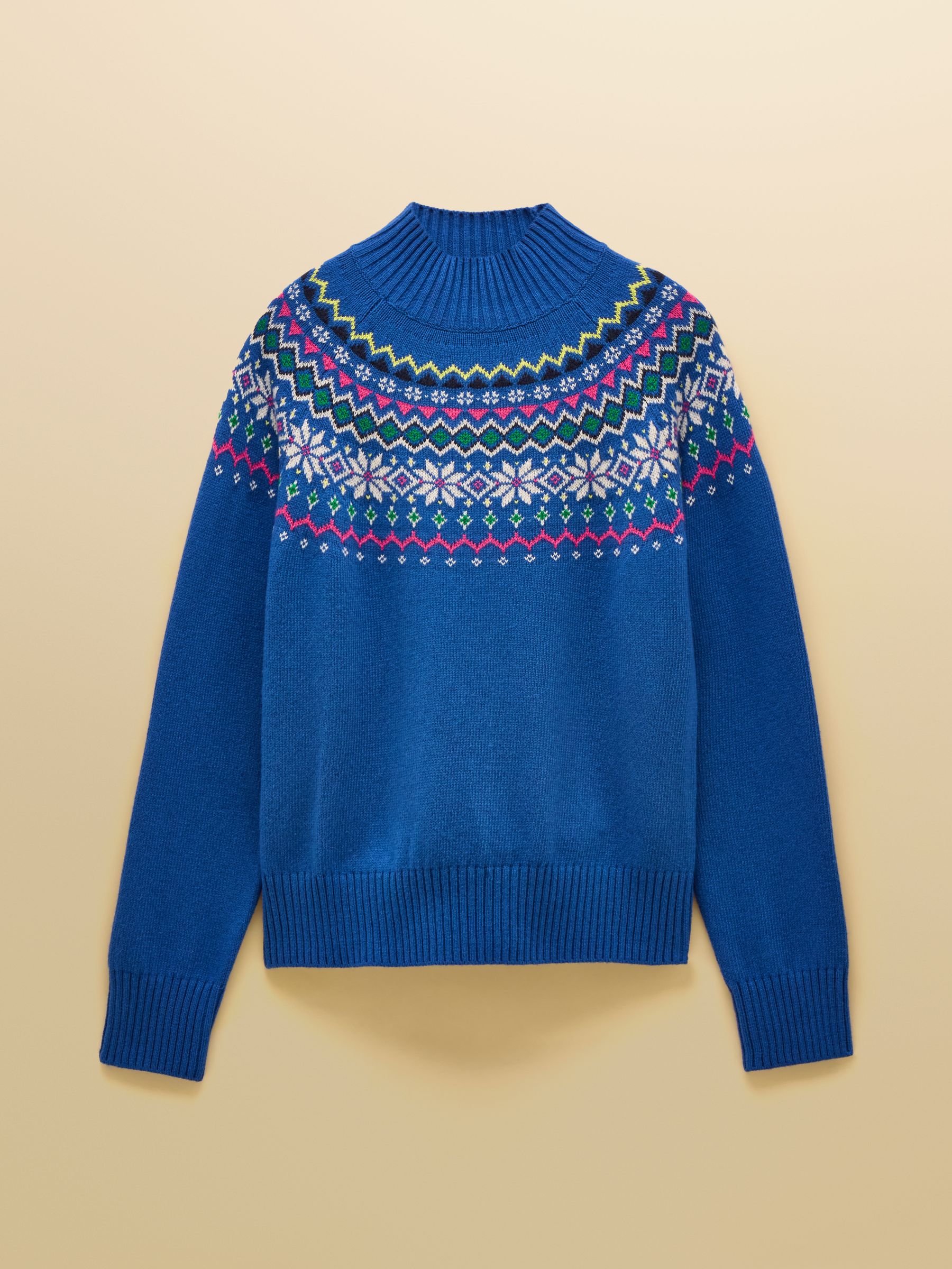 Blauw - Joules Alba Fair Isle High Neck Cotton-Blend Jumper