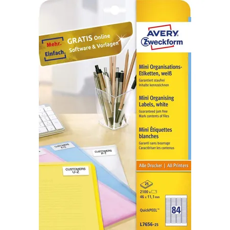 Avery Zweckform L7656-25 Mini-Organisations-Etiketten,A4 46 x 11,1 mm, 25 Bogen/2.100 Etiketten, weiß