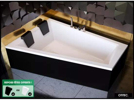 Baignoire Asymétrique avec Tablier Noir - 180 x 125 cm - GAUCHE - INTIMA DUO - 2 REPOSE-TÊTES OFFERTS