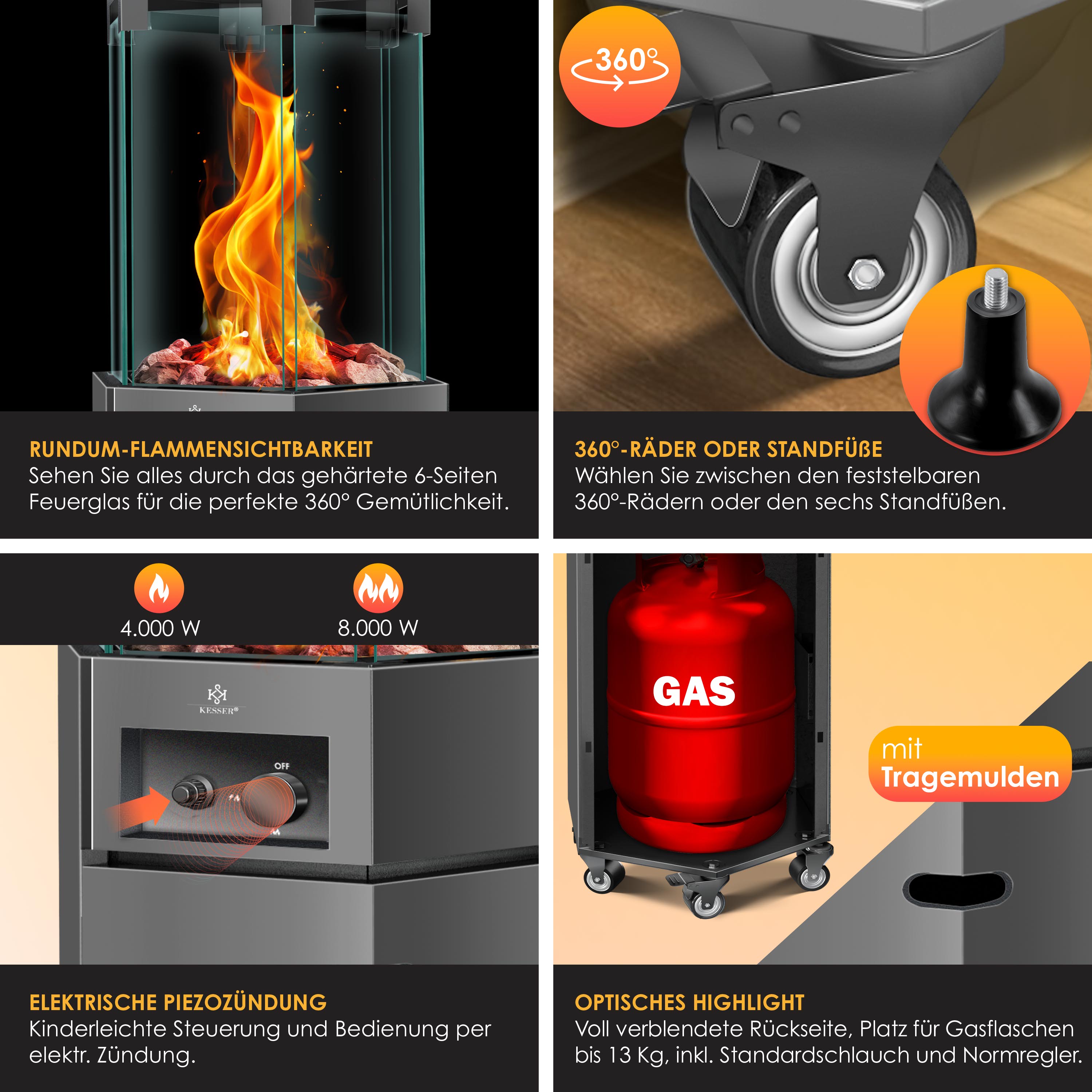 KESSER® Heizstrahler Gas Terrassenheizstrahler Gasheizungen Gasheizstrahler Gasheizer inkl. Schutzhülle Outdoor-Heizung Mobiler Heizpilz Flammenheizer, Pyramide Terrassenheizer , mit Bodenrollen