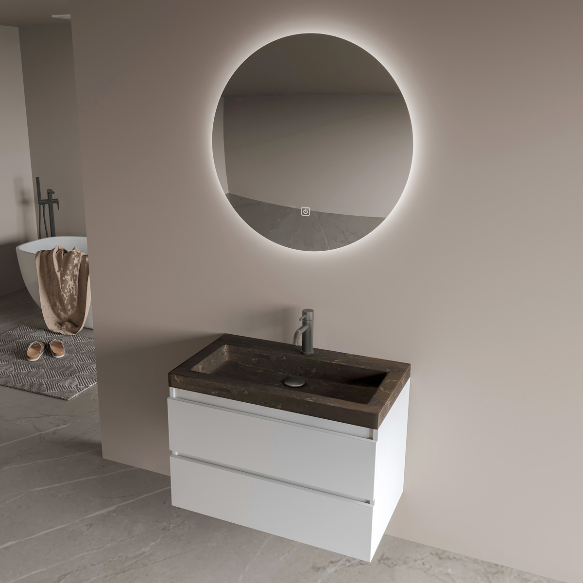 Fontana Freestone badkamermeubel mat wit 60cm met natuurstenen wastafel 1 kraangat en ronde spiegel