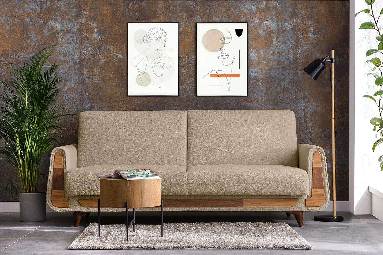 konsimo Gustavo Sofa mit Schlaffunktion - Komfortabel und Praktisch Schlafcouch mit Bettkassen - Tagesbett 220 cm - Couch 4 Sitzer für Wohnzimmer, Jugendzimmer - Boucle Beige