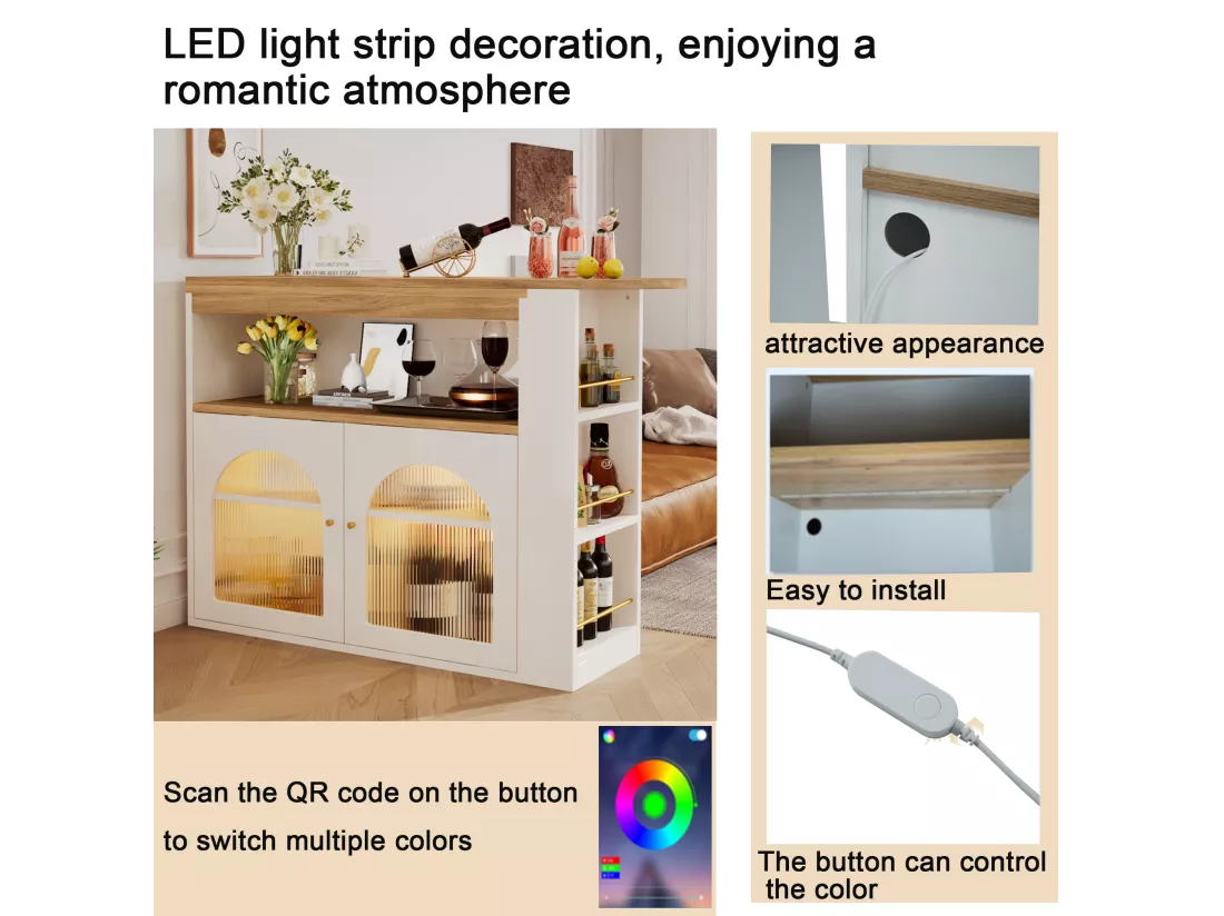 Meuble de bar pivotant - 2 portes, 3 étagères de rangement & niche - MDF plateau effet bois - LEDs - Naturel et blanc