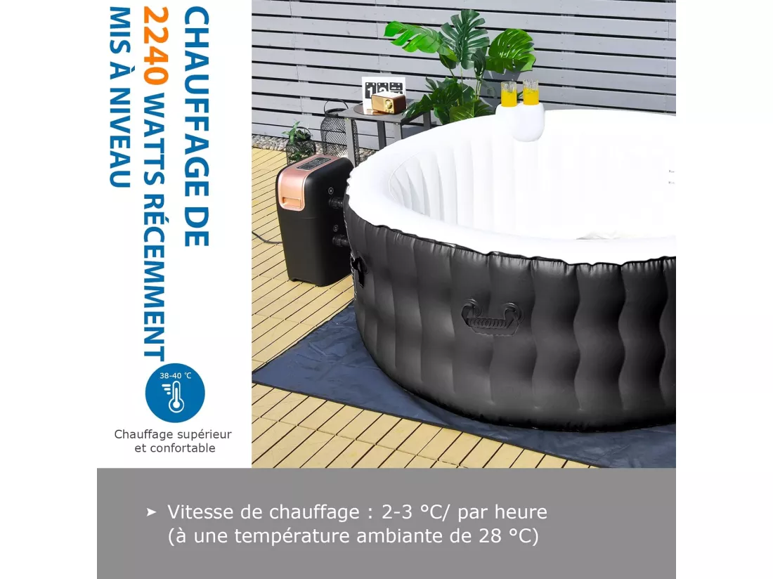 Spa Gonflable, 2 à 4 Personnes, 180 x 68 CM, Spa Rond Portable avec 108 Jets de Massage, Filtration à Cartouche et Bâche de Protection pour Le Spa, Noir (avec Appui-tête et Porte-gobelet)