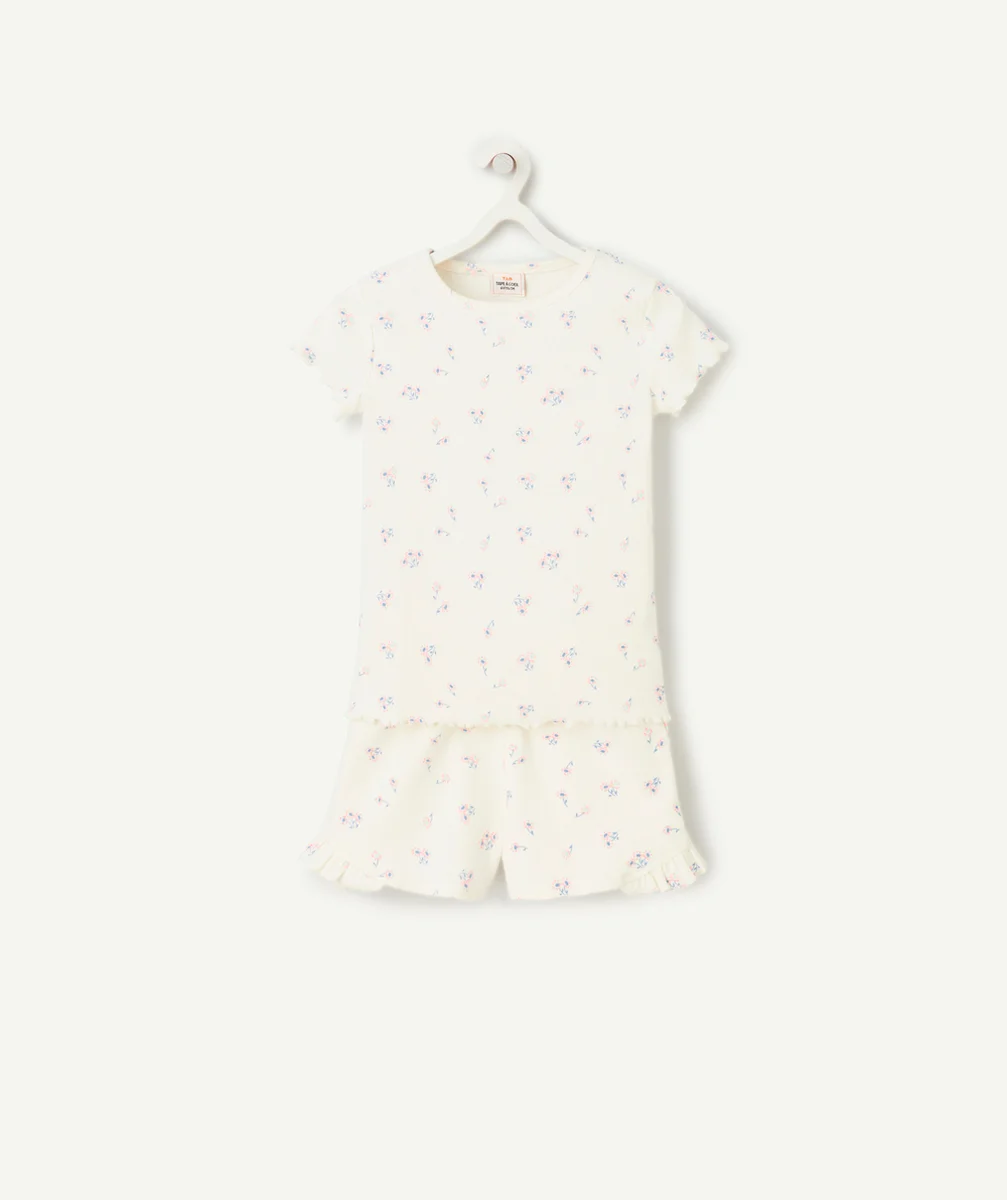 pyjama manches courtes fille en coton bio blanc imprimé fleurs