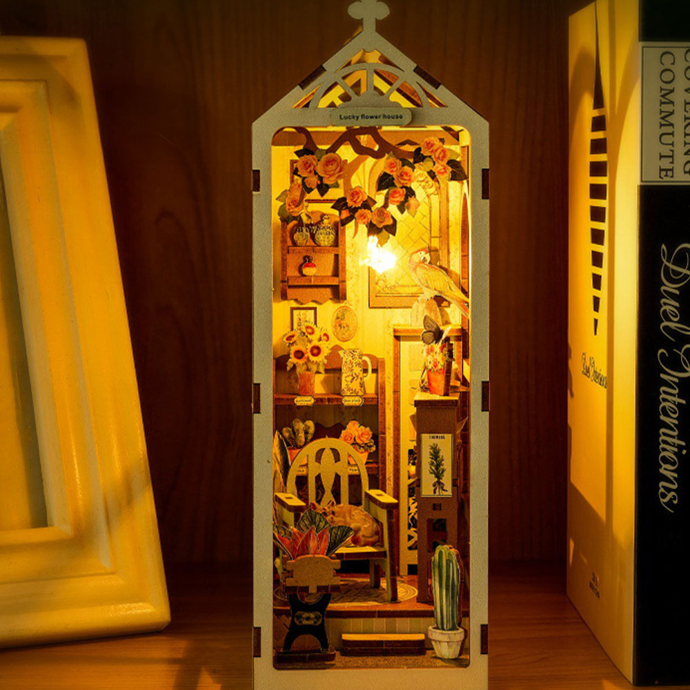 (104-tlg. Set) 24x8cm Holz Bücher Nische Modell Bausatz DIY Miniatur Haus mit Licht Home Deko Buchstütze für Erwachsene - Gartenhaus