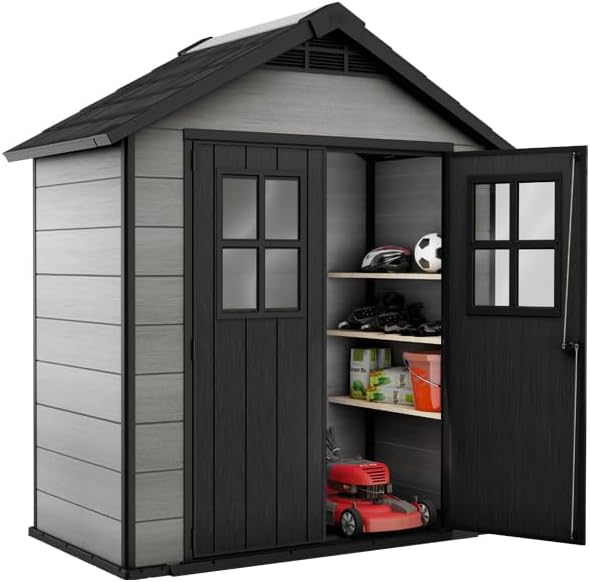 Keter Gerätehaus Oakland 754, Grau, 4,3m³, Außenmaße B/T/H: 229,6 x 124,8 x 253 cm, Duotech Struktur, wetterfest, Doppeltür, Oberlicht und Fenster, strapazierfähiger Schwerlastboden