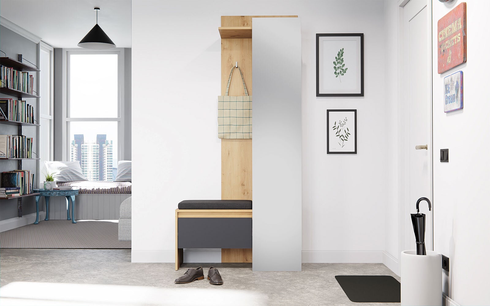 Kompaktgarderobe Torino 90x190x38 cm Eiche-Dekor/Grau
