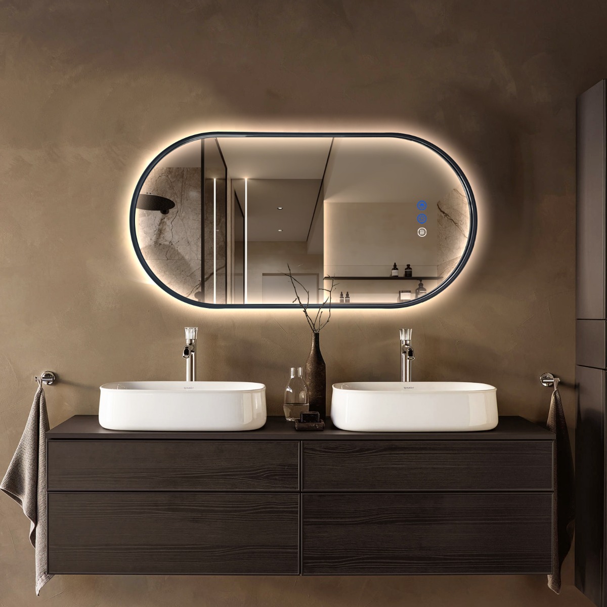 Saniclear Parma Black 2.0 ovale spiegel met verwarming, direct en indirect licht mat zwart 100x50cm