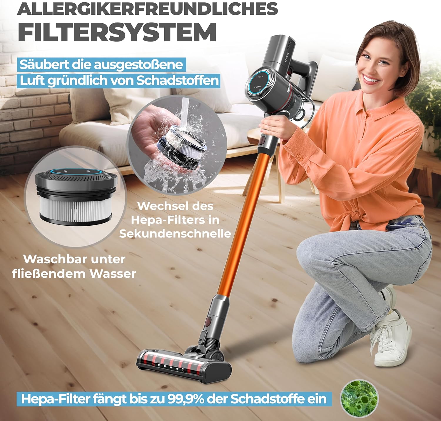 KLAMER Akku Staubsauger, 2-in-1 Staubsauger kabellos & Handstaubsauger, Akkulaufzeit bis 45 min, Akkustaubsauger mit HEPA Filter für Teppich, Auto & Hartböden