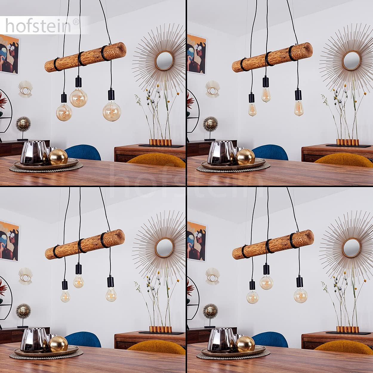 Pendelleuchte Canedo, 3-flammige Hängelampe aus Metall/Holz in Schwarz/Braun im skandinavischen Design, Hängeleuchte mit Holzstab und Fassungen aus Metall, 3 x E27, ohne Leuchtmittel