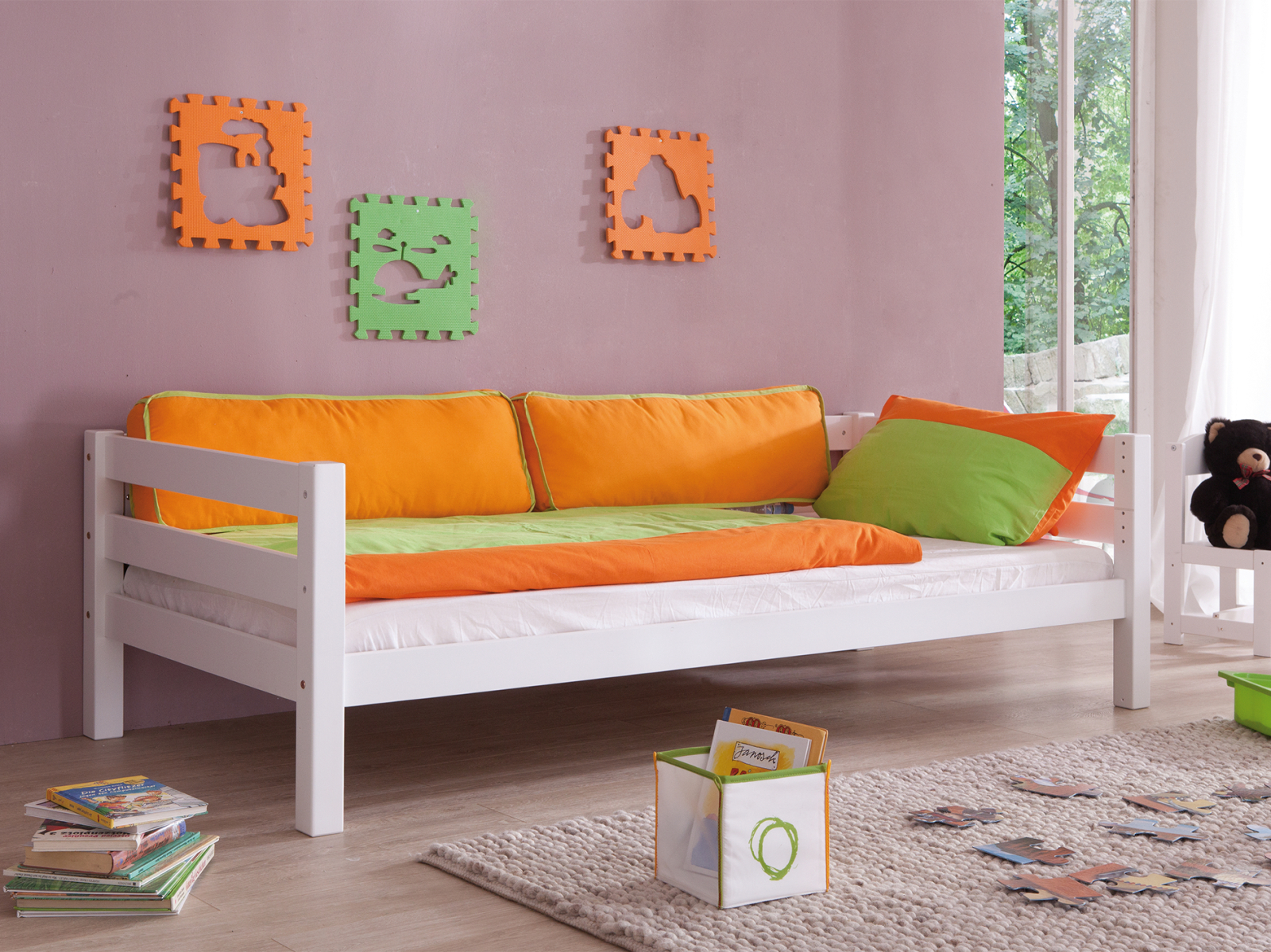 Halbhochbett ELIYAS - weiß - Buche massiv - mit Rutsche - 90x200 cm