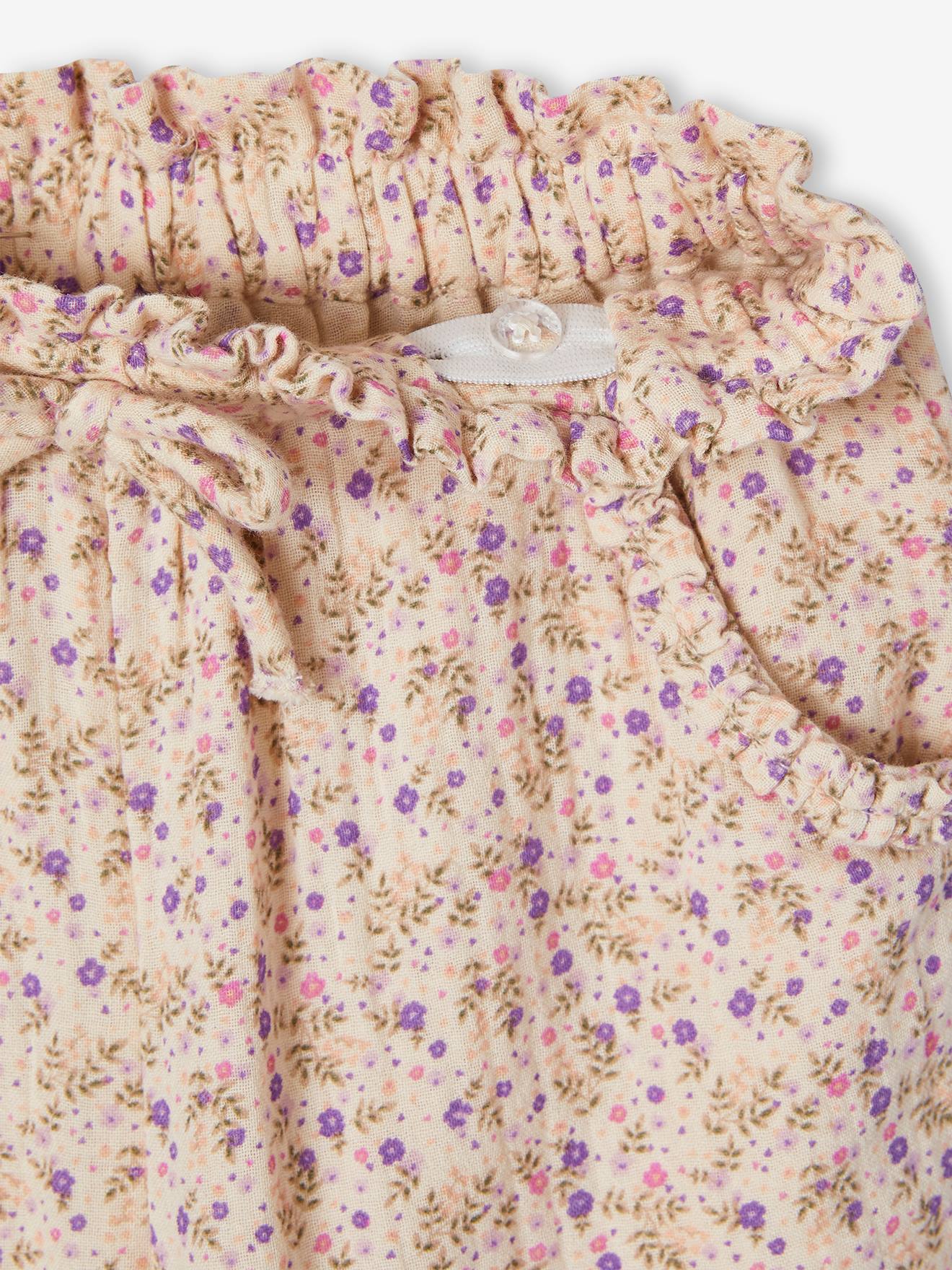 Calça cropped rosa de chiffon de algodão com estampa floral para meninas