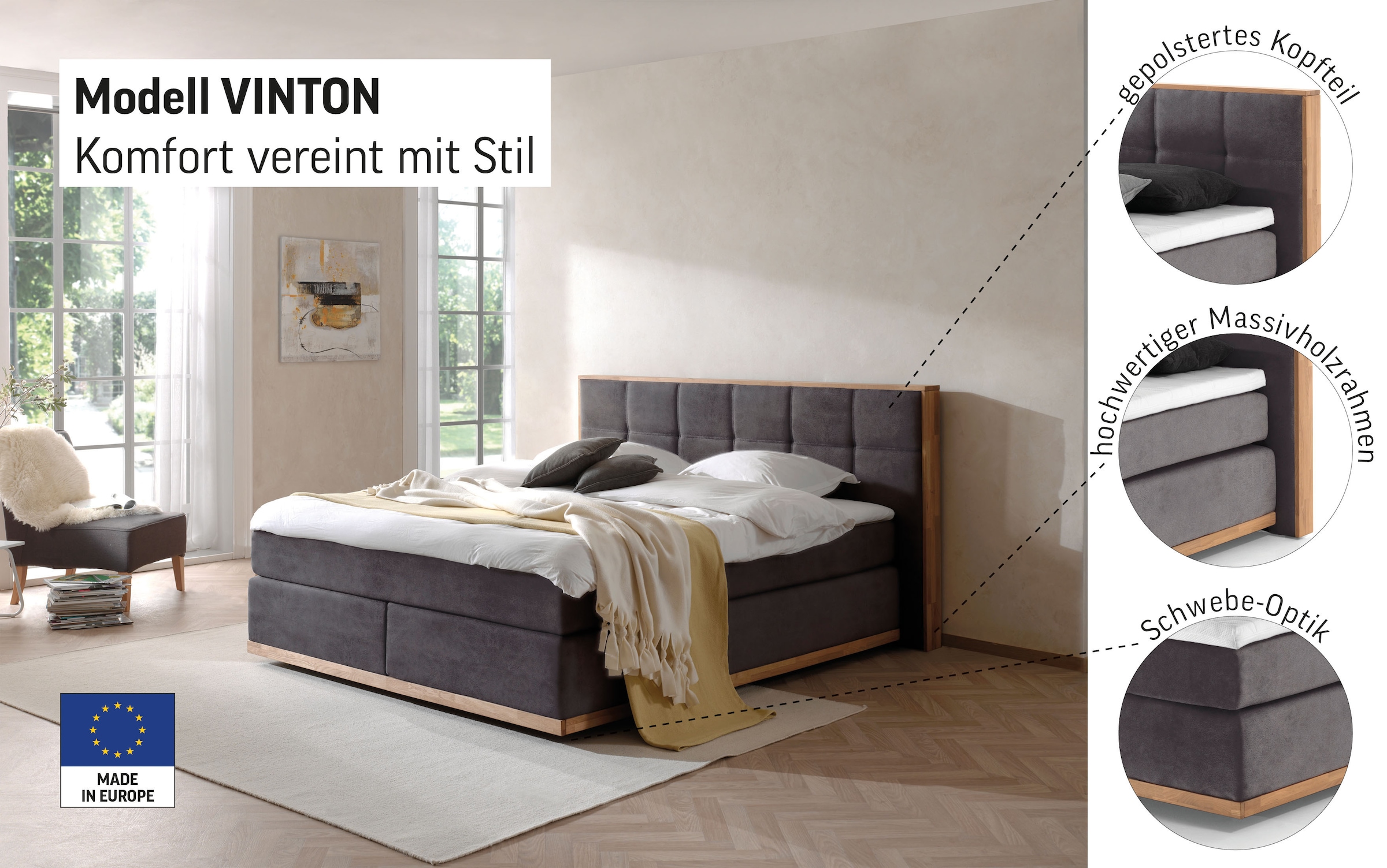 PLACES OF STYLE Boxspringbett »Vinton« aus massiver Eiche, verschiedene Härtegrade (auch H4)