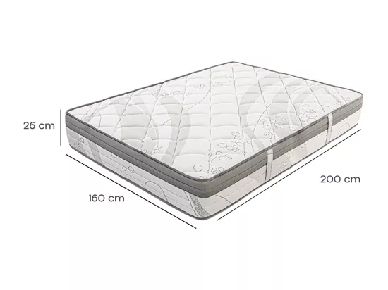 Matelas PERLA Queen Size 160x200 cm, à ressorts ensaché, en mousse haute densité, Soutien ferme, Indépendance du Couchage, face été/hiver, épaisseur 26 cm
