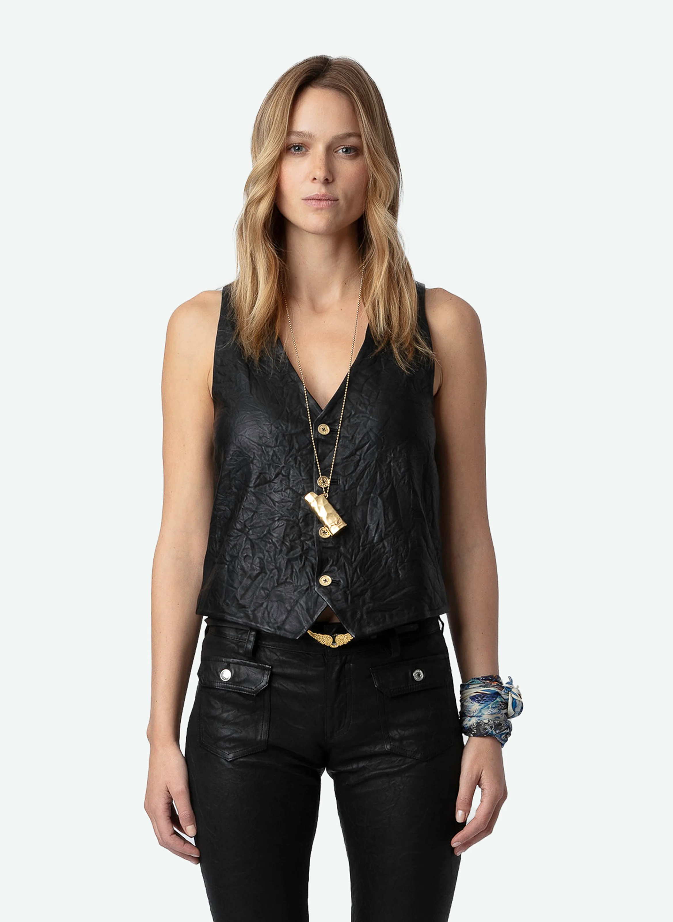 EMILIE - Gilet veston sans manches en cuir froissé | Noir