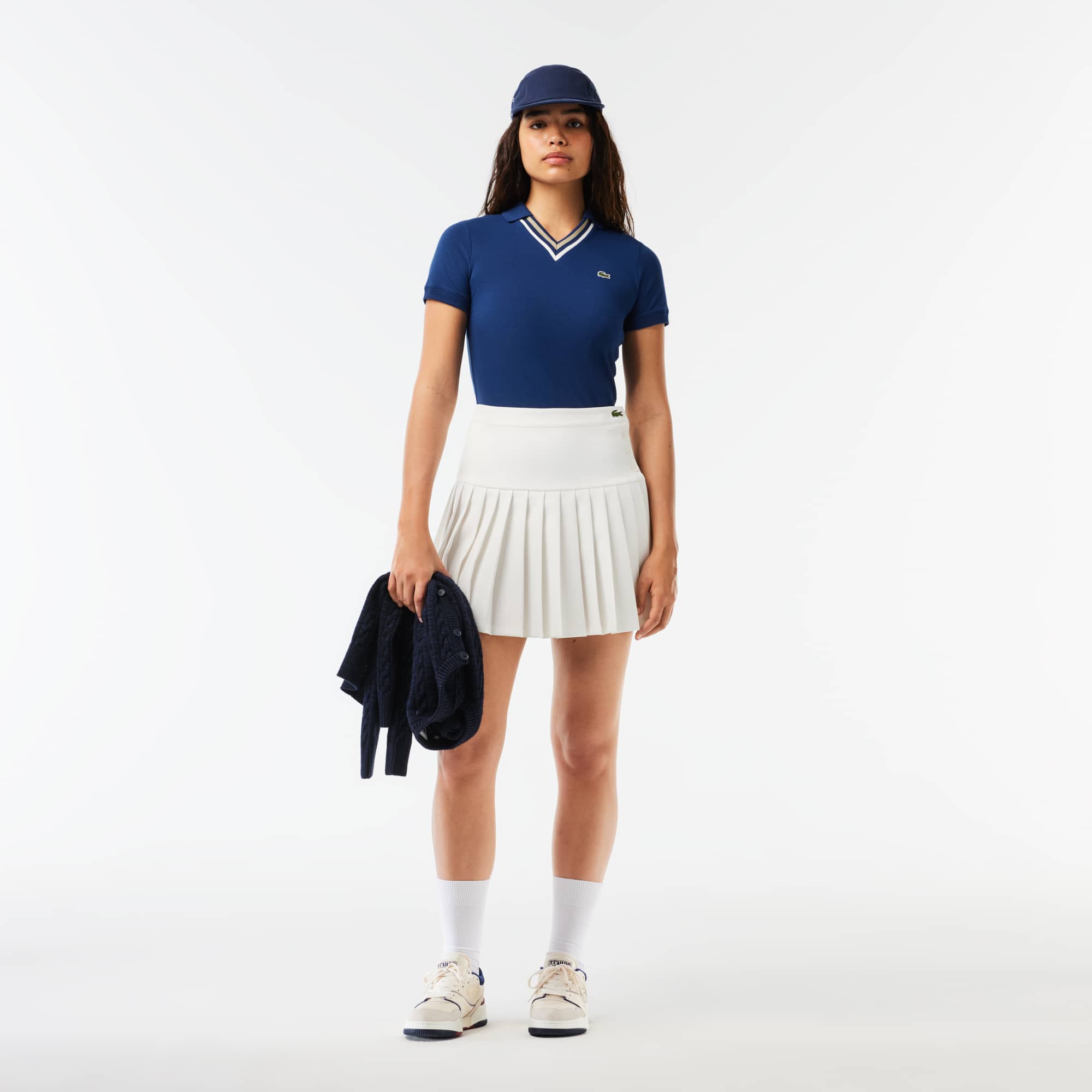 Polo slim fit col V en petit piqué extensible Manches Longues - Bleu - Lacoste - Femme