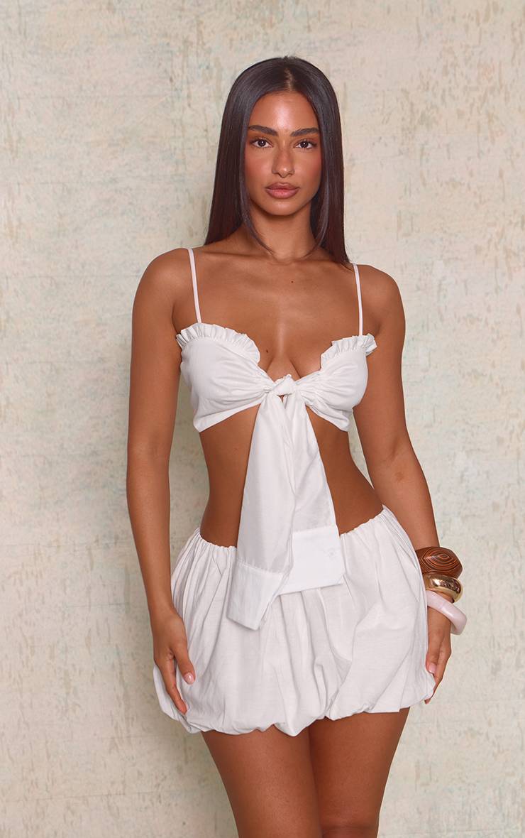 Blanc Jupe Mini Bouffante Aspect Lin Petite