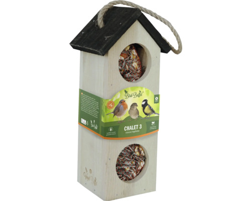Voederhuisje Chalet 3, voederhuisje van gemengd FSC-hout met zadenmix, om op te hangen