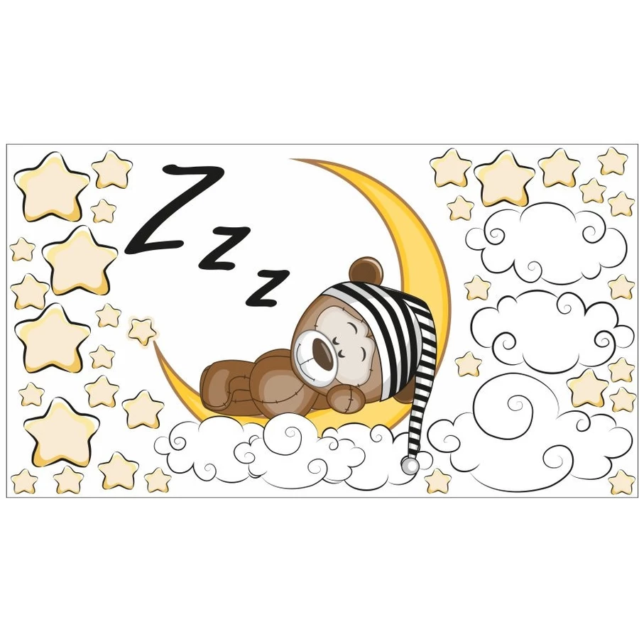 Nikima Wandtattoo 087 Wandtattoo Teddy auf Mond Sterne Wolken bunt