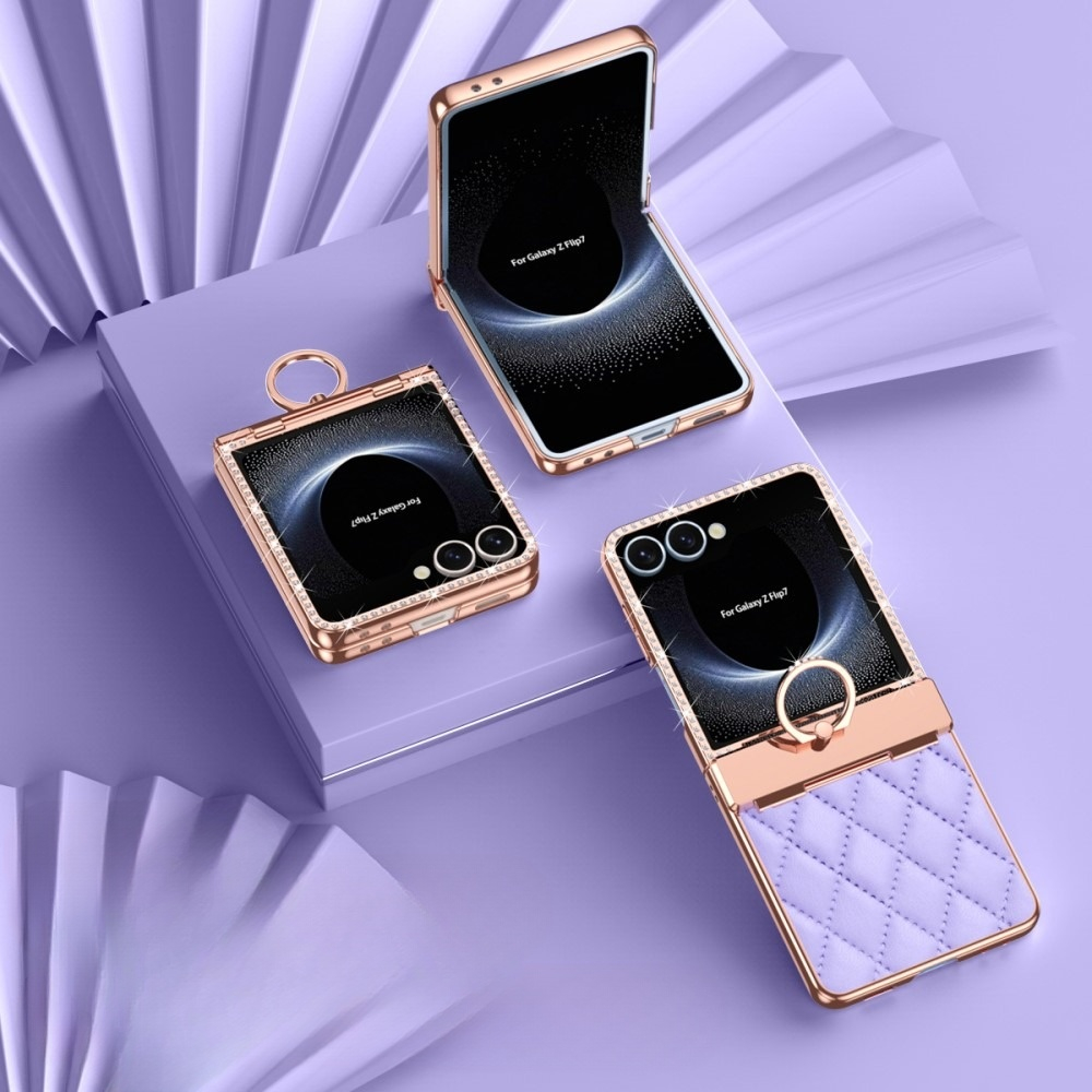 Samsung Galaxy Z Flip7 Hardcase Hülle Finger Griff Ring Halterung Glitzer Design   Scharnier Design - Lila / Roségold