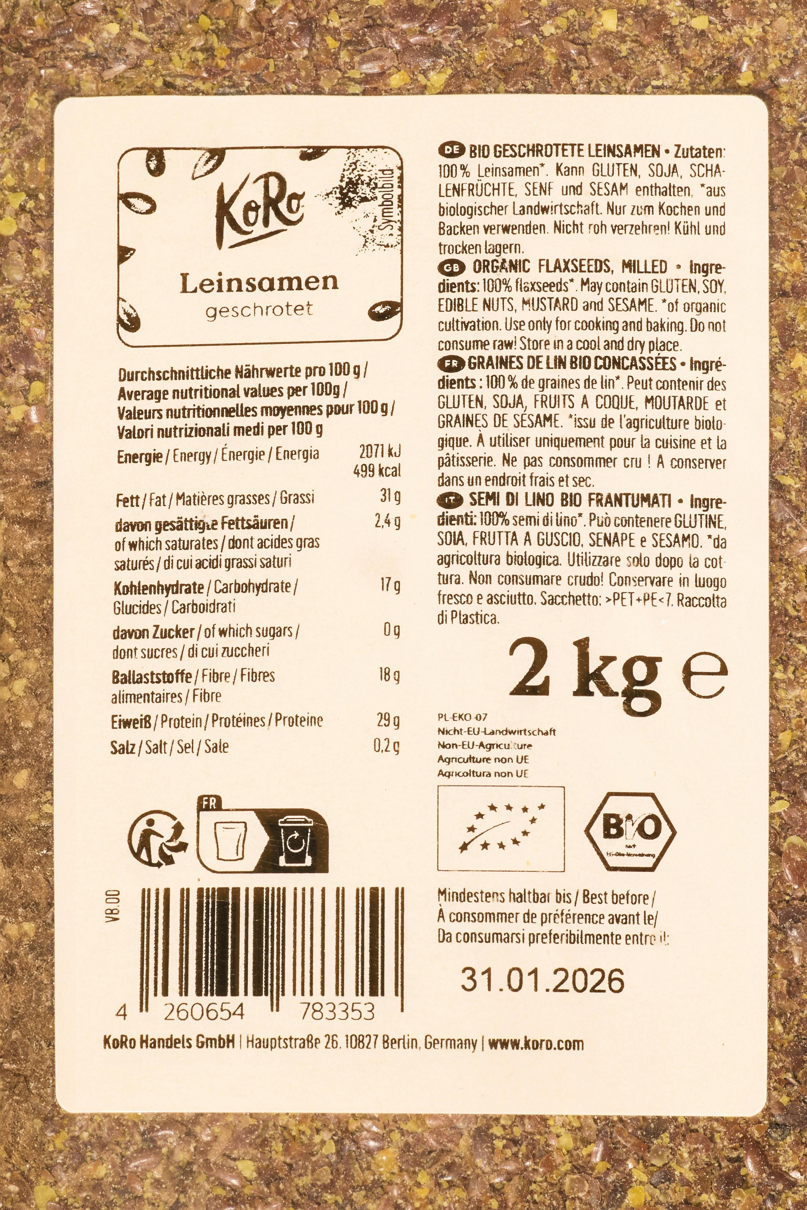 Geschrotete Bio Leinsamen 2 kg