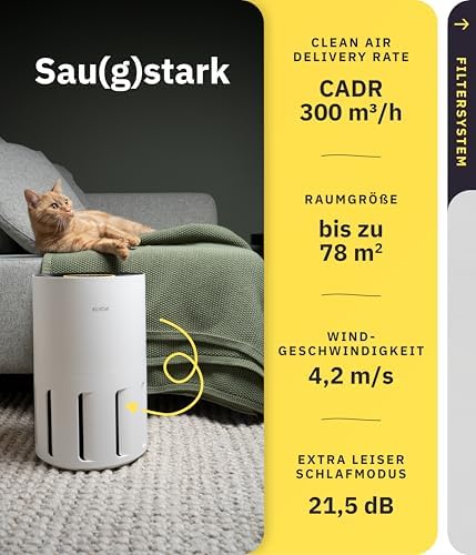 Luftreiniger Allergiker Pet HEPA H13 + Filter-Kit Air Klyna S I 300 CADR, 21,5 dB, Smart App, Alexa, Siri, Google Assistant I Ersatzfilter für Allergiker & Tierbesitzer I Server in DE
