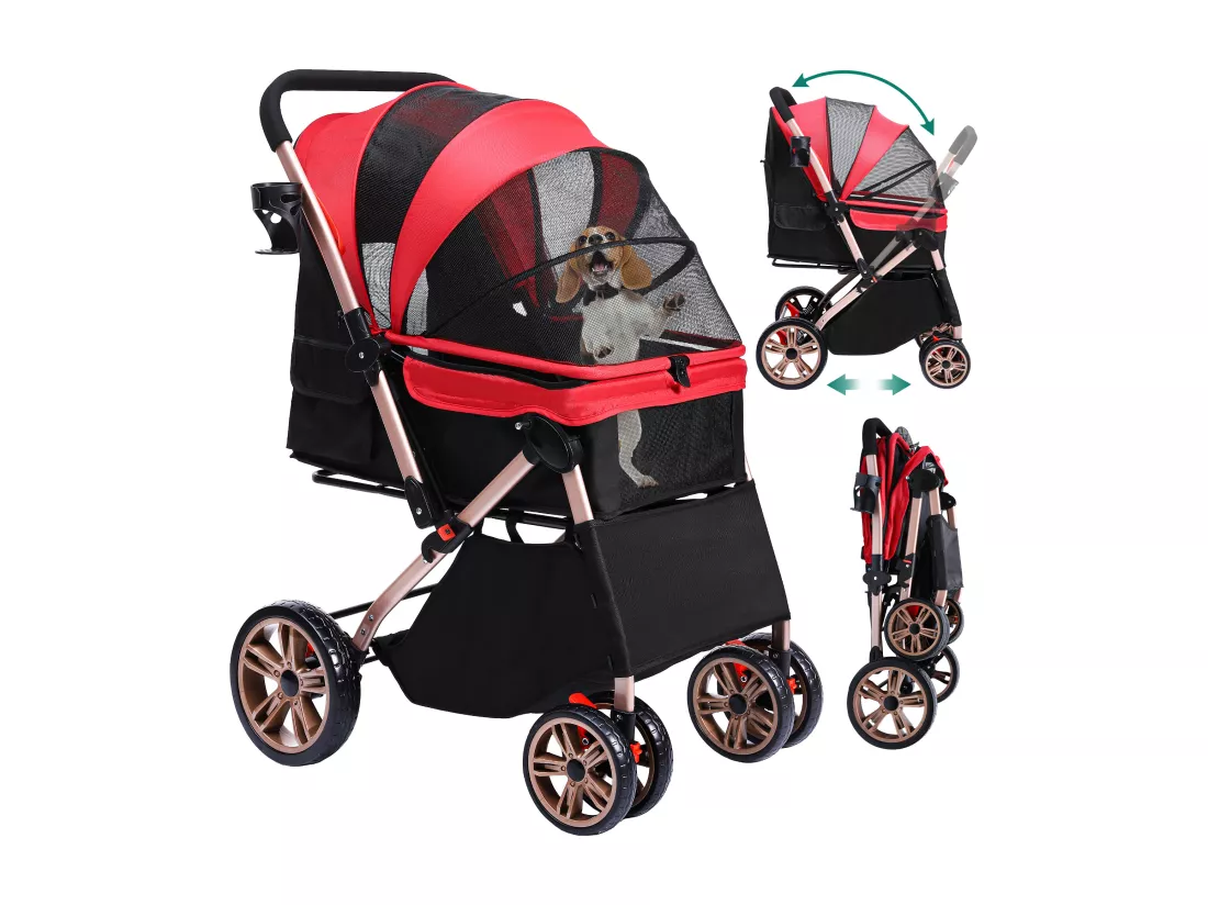 YITAHOME Poussette pour Chien Chat - avec Panier de Rangement - 4 Roulettes - Pliable - Rouge