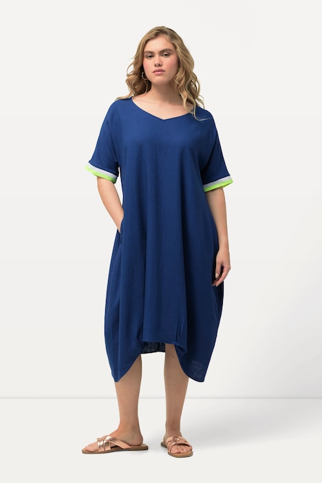 Midikleid, Leinenmix, V-Ausschnitt, Fledermaus-Halbarm