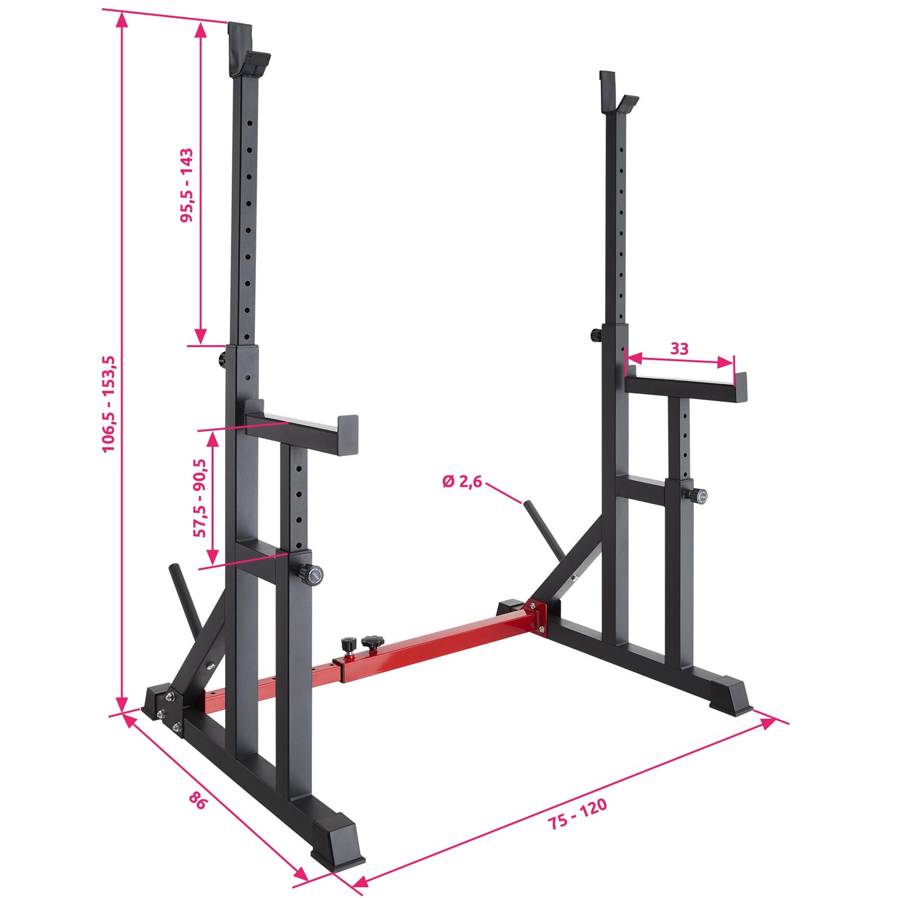 tectake® Squat Rack, multifunktional, Höhe und Breite verstellbar, bodenschonende Kunststoffkappen, inklusive 2 Aufnahmen für Hantelscheiben