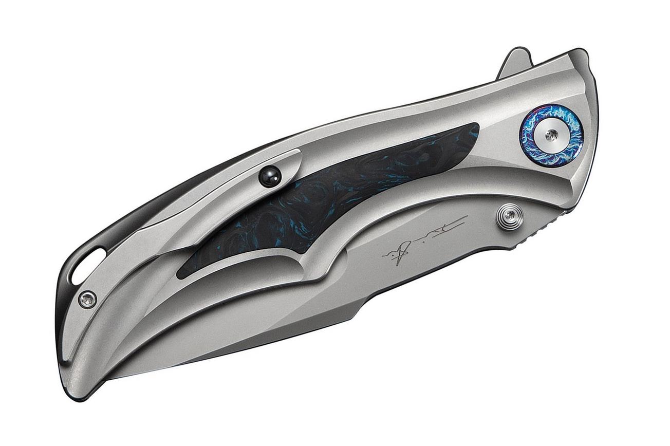 WE Knife Tighe Down WE24054-1 Stonewashed Böhler M390, Integral Gray Titanium Black Blue CF Inlay, zakmes, Brian Tighe design