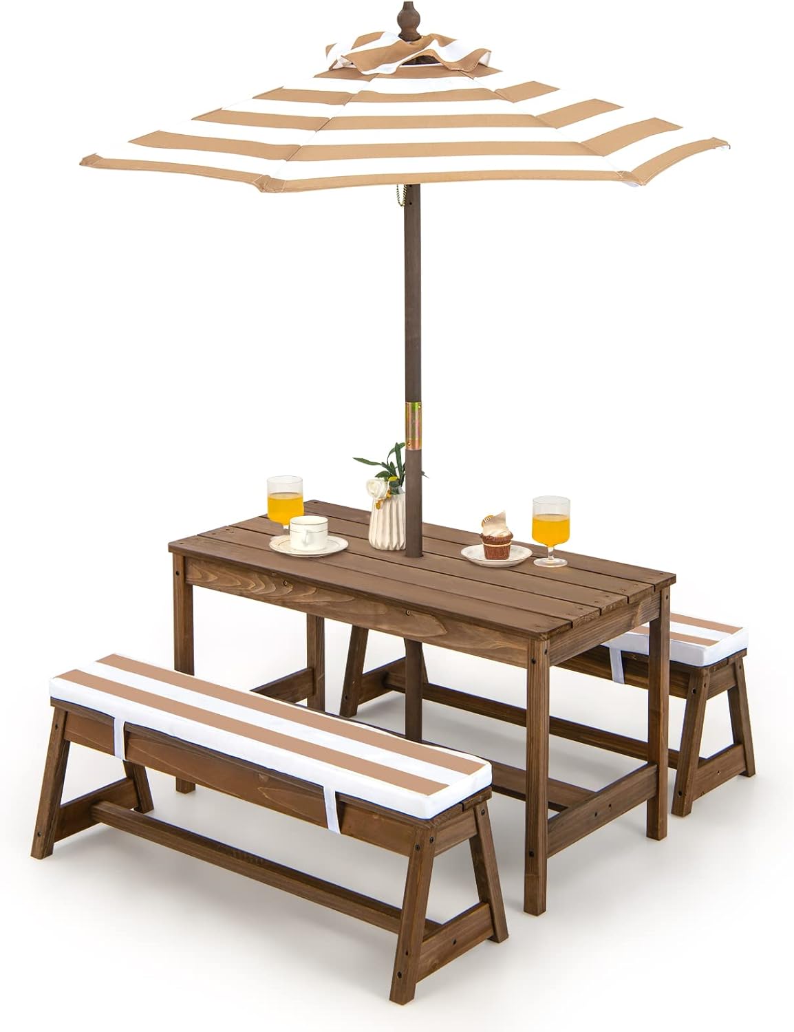 COSTWAY Kindersitzgruppe, Kinder Picknicktisch mit Bänke, Kissen & Sonnenschirm, Kindersitzgarnitur aus Holz, Sitzgarnitur, Sitzgruppe Outdoor, Gartenmöbel für Garten, Hinterhof, Terrasse (Hellbraun)