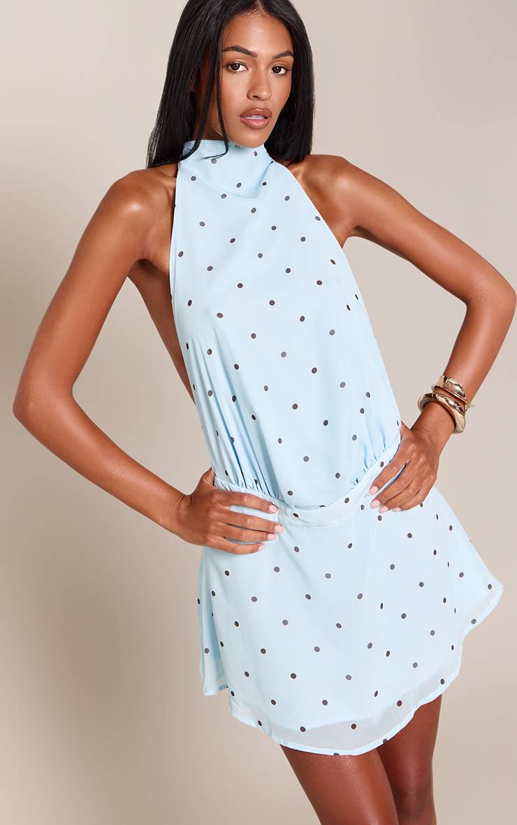 Bleu Layette Robe Mini Fluide À Pois Col Montant