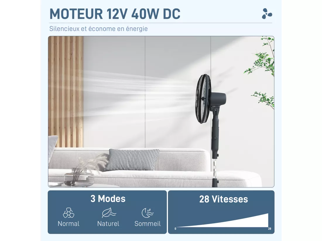 Ventilateur oscillant réglable sur pied 40W 3 modes 28 vitesses timer fonction anti-moustique télécommande noir