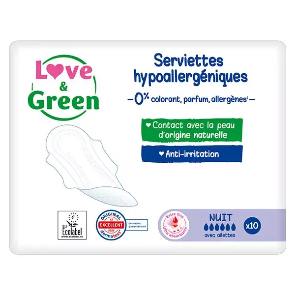 Absorventes noturnos hipoalergênicos Love & Green 0% (10 unidades)