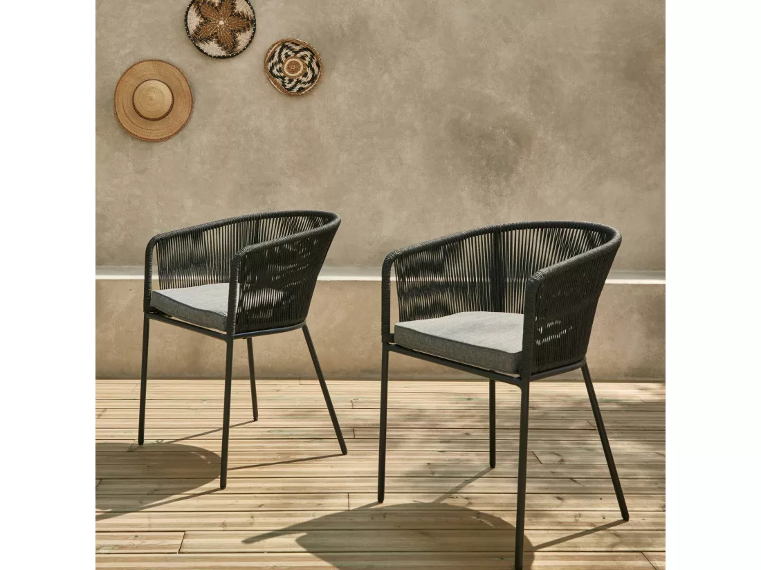 Lot de 2 fauteuils de jardin en corde noire et acier galvanisé. coussin gris