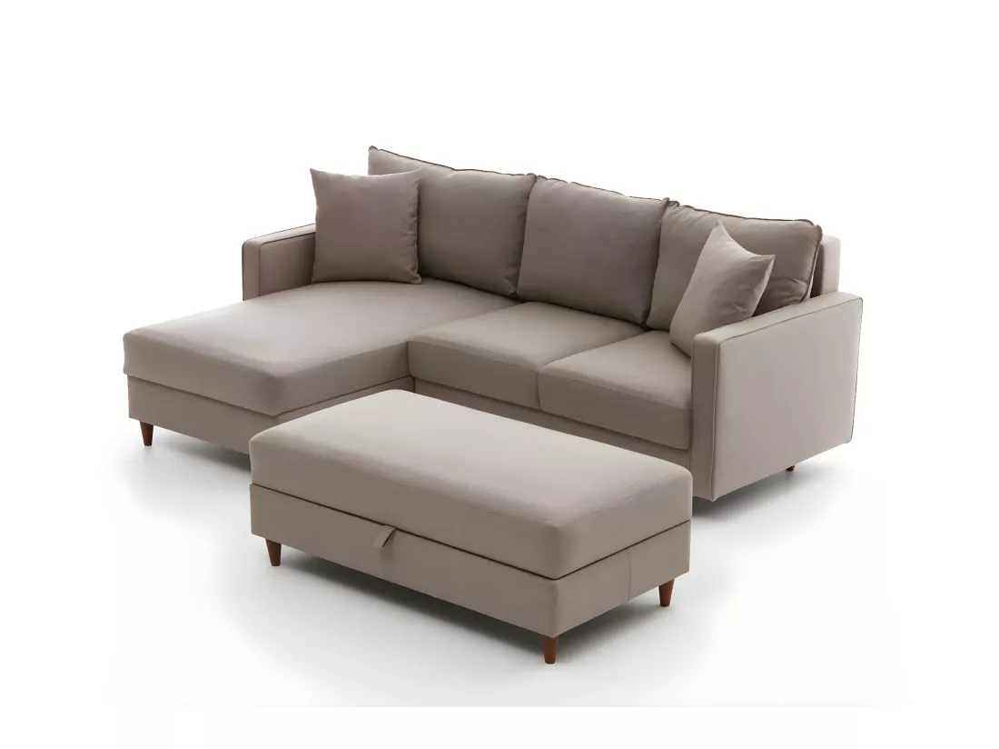 Canapé d'angle à gauche convertible avec pouf-coffre Evania Tissu Taupe