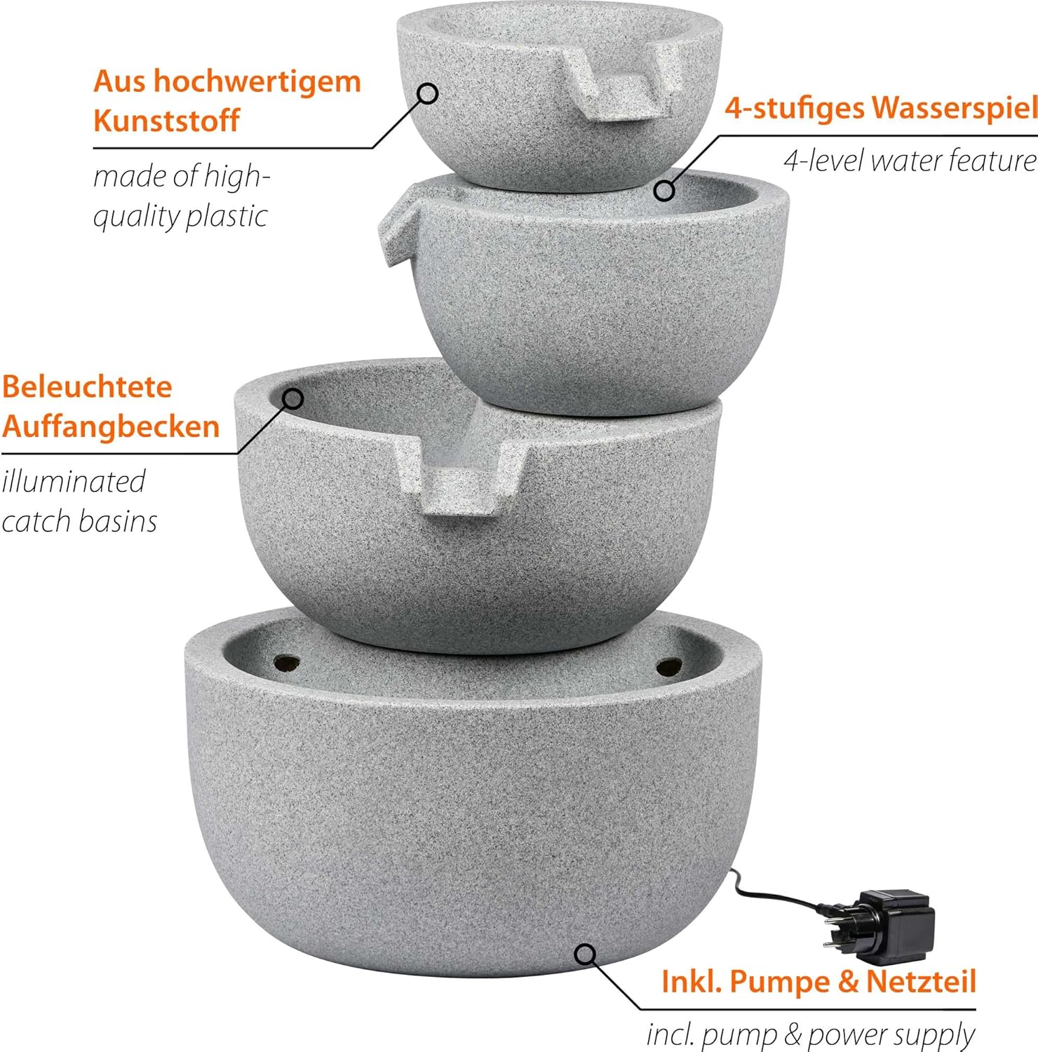 dobar® Gartenbrunnen Rama mit LED-Beleuchtung - Springbrunnen 4-stufig aus recyceltem PE - Kaskade für die Garten-Dekoration - 51 x 46,5 x 72,5 cm - Steingrau