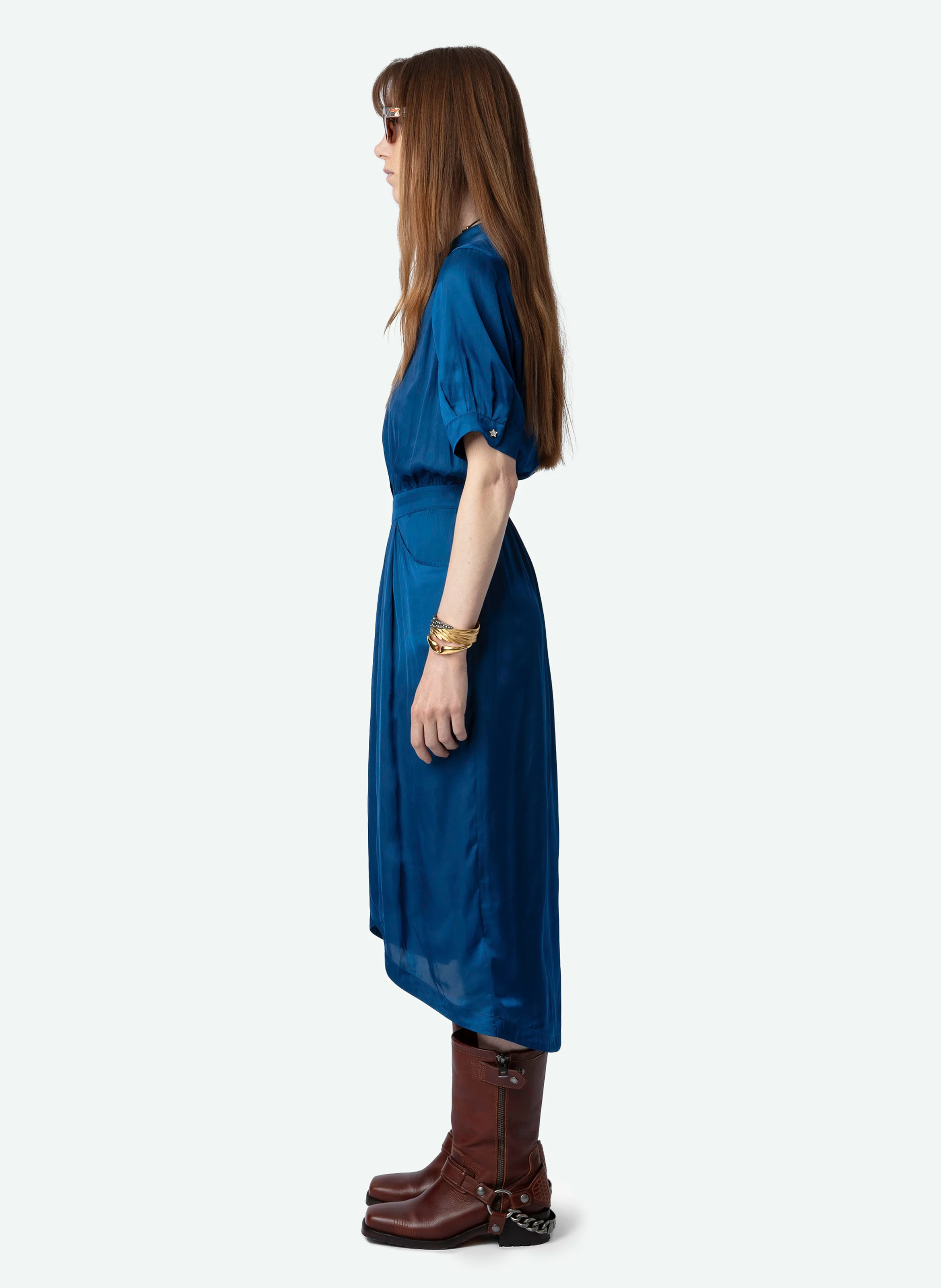 RIMA - Robe longue droite col en fibres recyclées mélangées | Bleu
