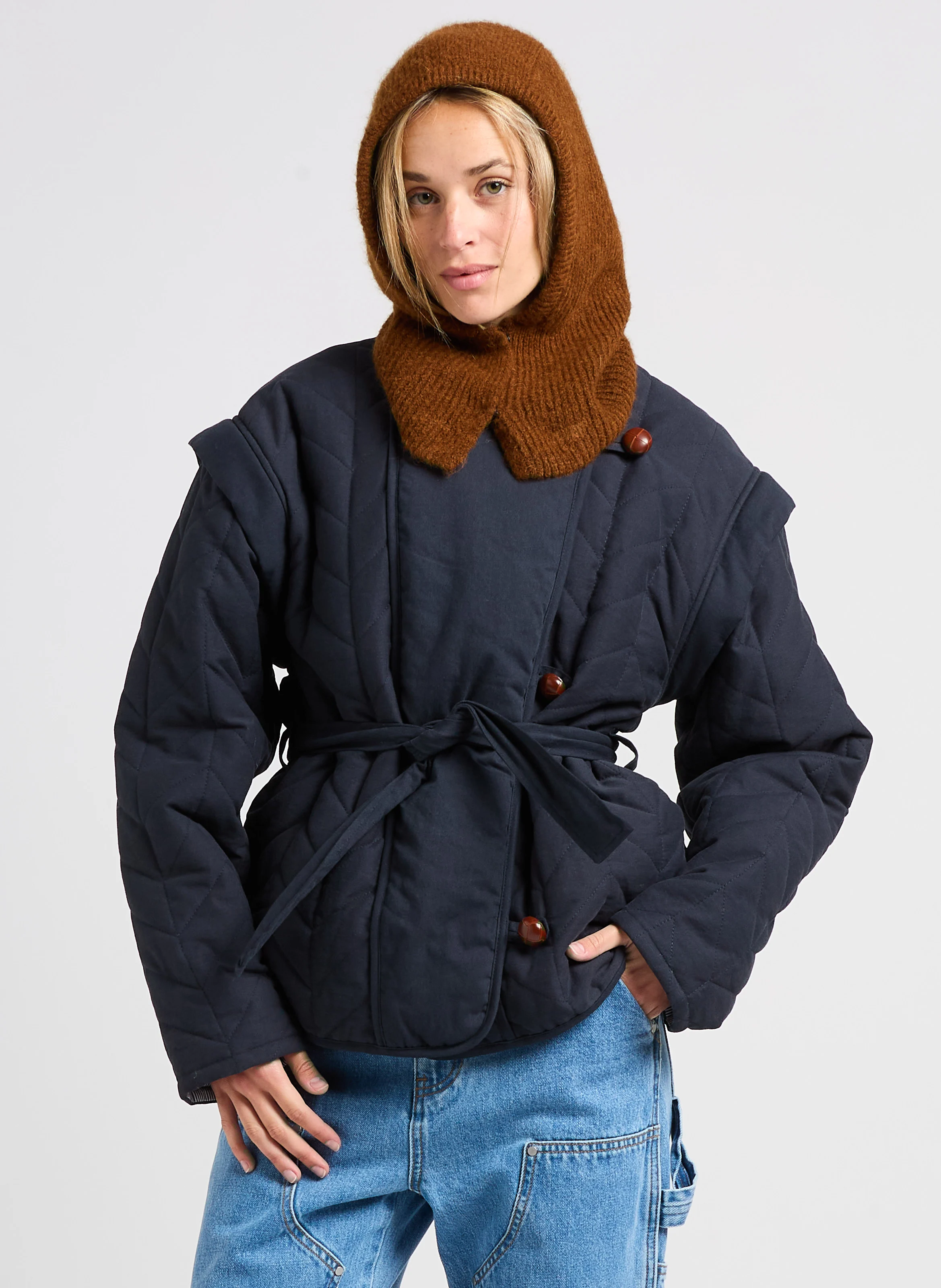 ESCAPE - Veste droite col rond en coton| Bleu