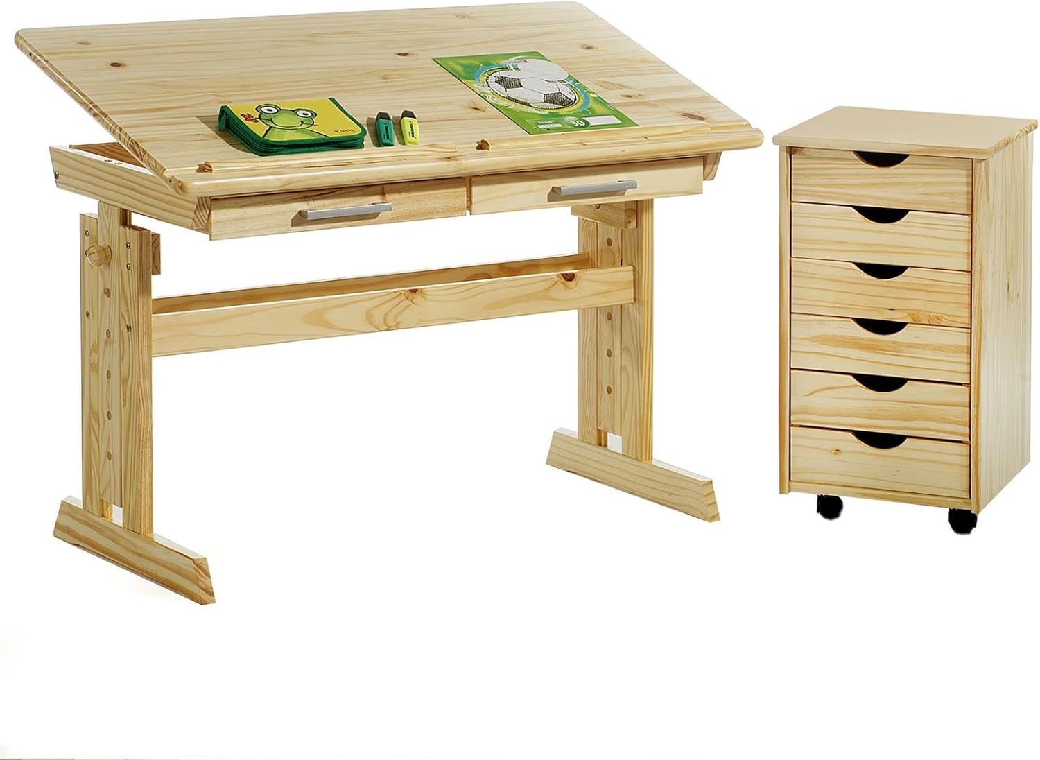 IDIMEX Kinderschreibtisch Olivia aus Kiefer in Natur, schöner Schülerschreibtisch neigungs- und höhenverstellbar, praktischer Jugendschreibtisch mit Schubladen