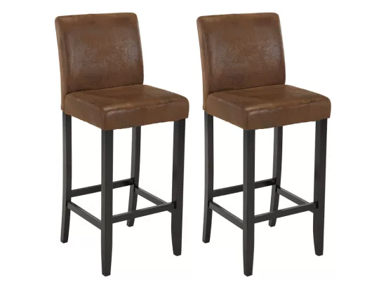 Lot de 2 tabourets de bar SANTOS - Microfibre aspect cuir vieilli - Pieds bois foncé