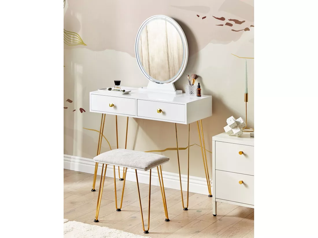 Coiffeuse avec miroir et tabouret CAEN LED Blanc