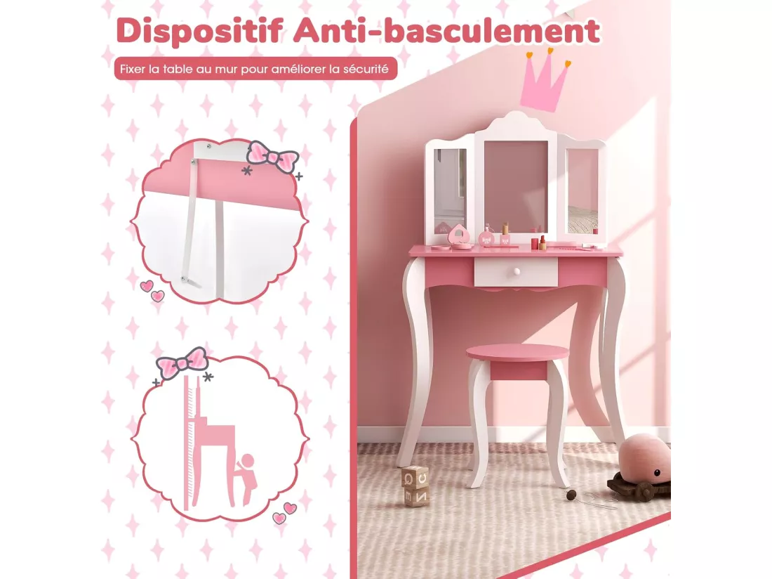 2 en 1 Coiffeuse Enfants avec Tabouret & Miroir Amovible à 3 Volets, Table de Maquillage avec Tiroir & Dispositif Anti-basculement, Charge 70/50kg pour Enfants de 3 Ans+